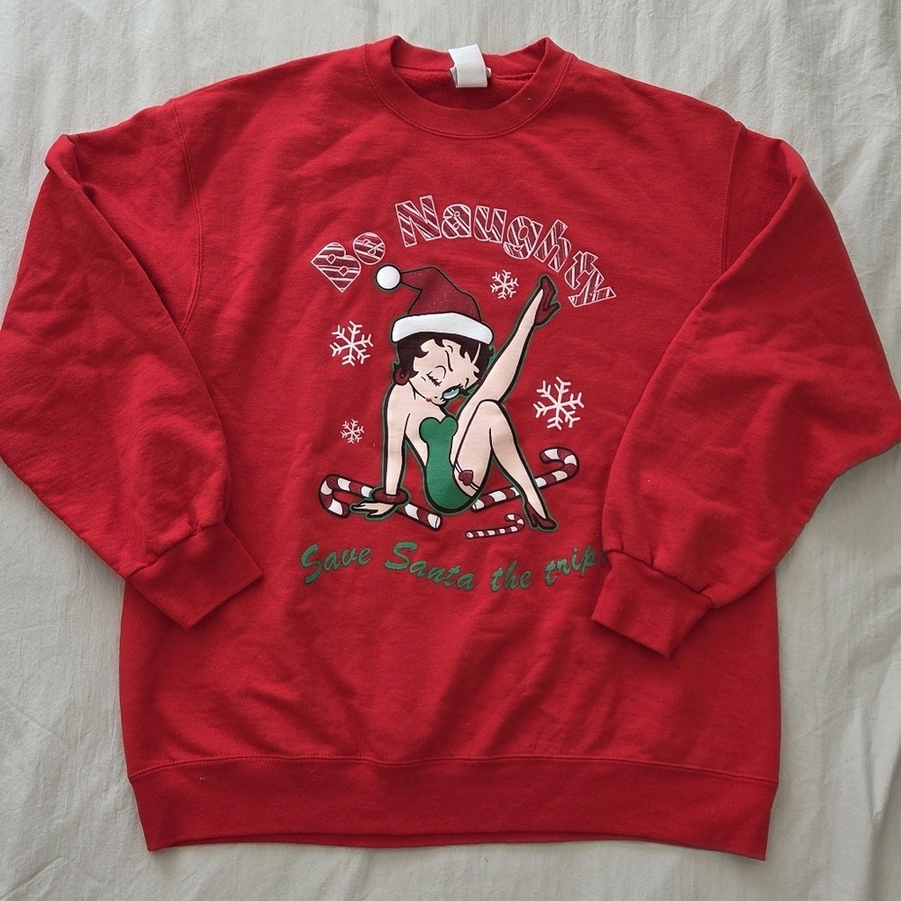 Vintage Betty Boop Red 'Be Naughty' Graphic Holiday Sweater Size Large